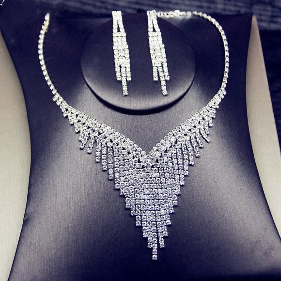 Prom Pageant Bridal Jewelry - White Rhinestone Necklace & Earrings Set